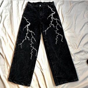Black Baggy Jeans with White Lightning Design